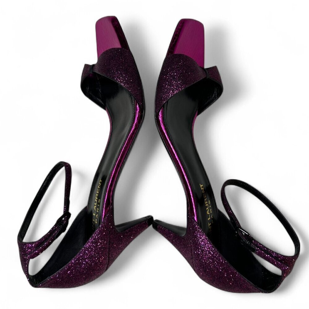 Saint Laurent Paris Glitter Fuchsia Kitten Heel Sandal EU 37.5 NWOB - Picture 13 of 16